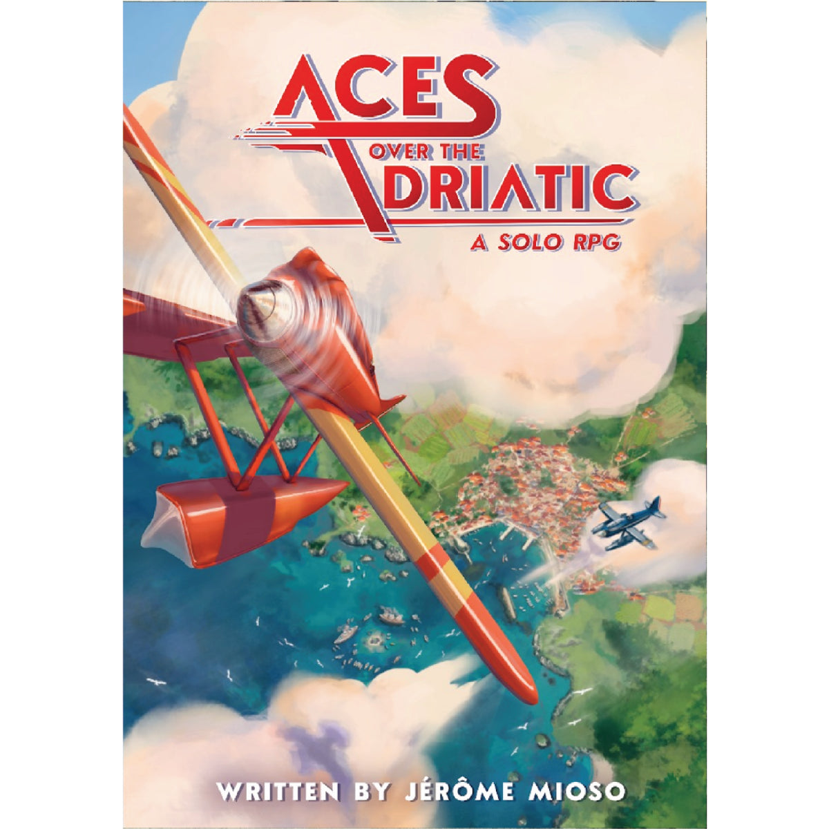 Book cover of 'Aces Over the Adriatic' with a red airplane flying over a landscape.