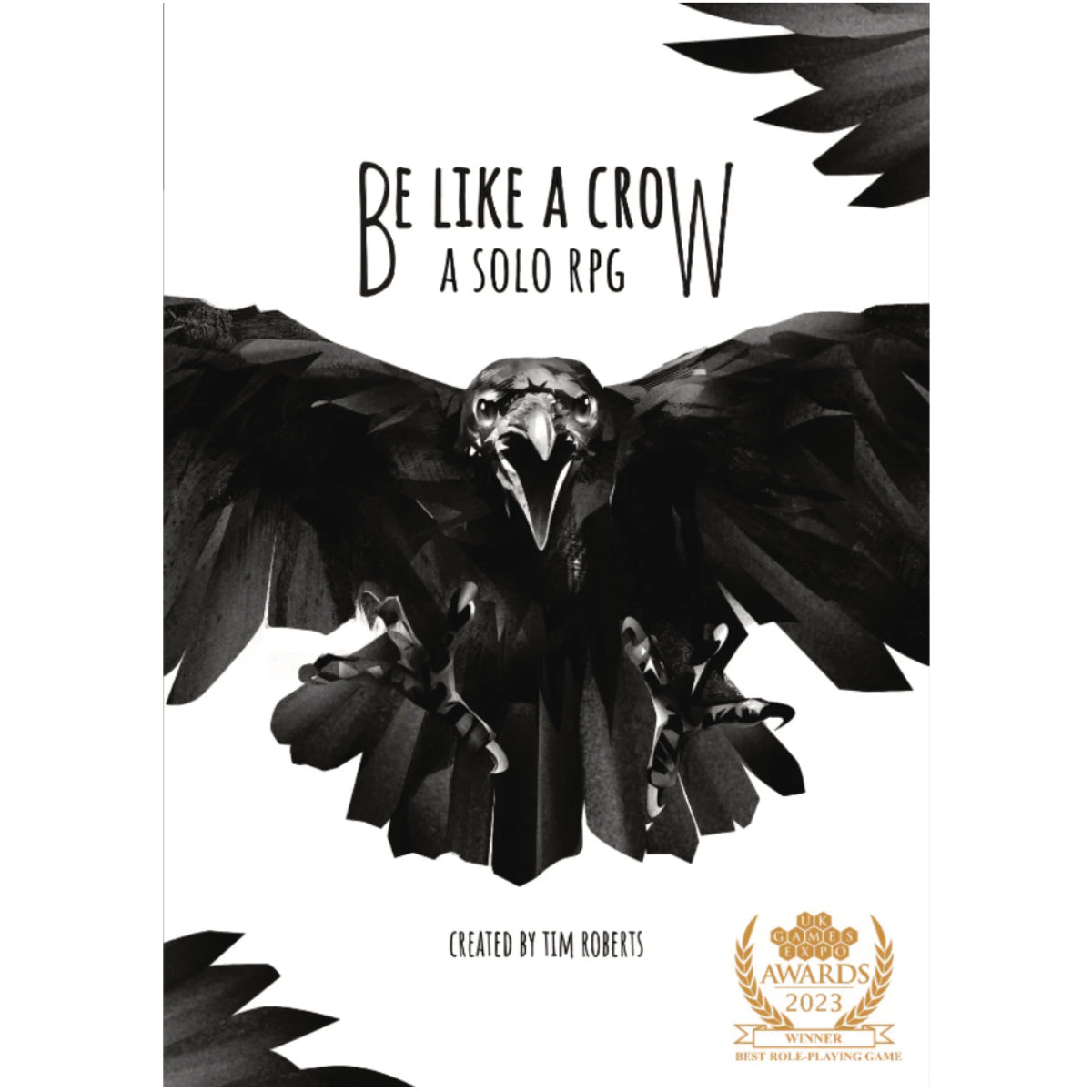 Book cover of 'Be Like a Crow: A Solo RPG' with a black and white crow illustration and text.