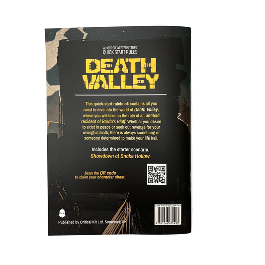 The back cover of a Death Valley quick-start rulebook by Critical Kit, featuring a black background with yellow title text, white descriptive copy, a QR code, and a barcode.