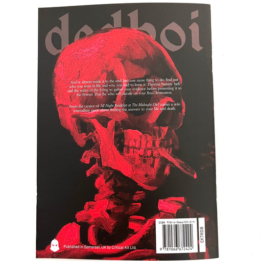The back cover of the book 'Dedboi' by Tim Roberts, featuring a striking red-toned illustration of a skull and rib cage on a black background, with a barcode in the bottom right corner.