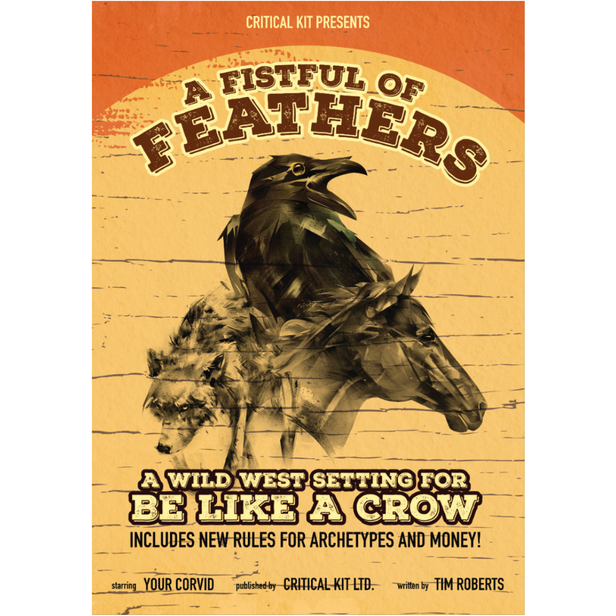 Book cover of 'A Fistful of Feathers' with a crow and wolf illustration on a wooden background.