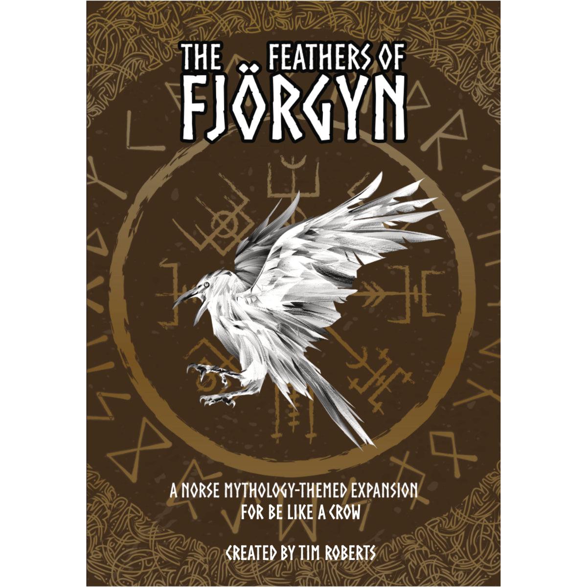 Book cover of 'The Feathers of Fjörgyn' with a crow illustration and Norse mythology symbols.