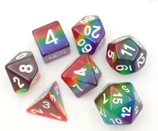 TTRPG DND rainbow dice, role playing games and dice goblin collectors from a UK dice store