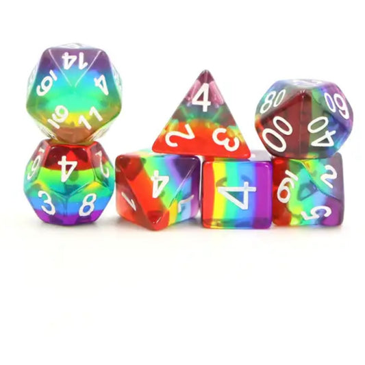 TTRPG DND rainbow dice, role playing games and dice goblin collectors from a UK dice store