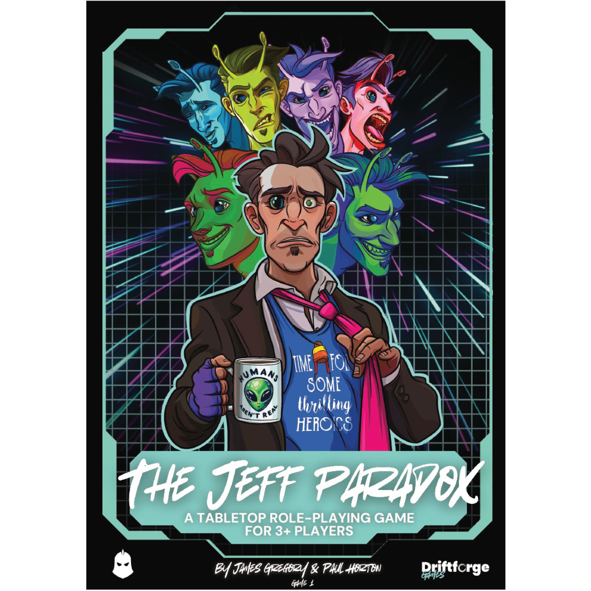 Cover of 'The Jeff Paradox' tabletop role-playing game with colorful characters and text.