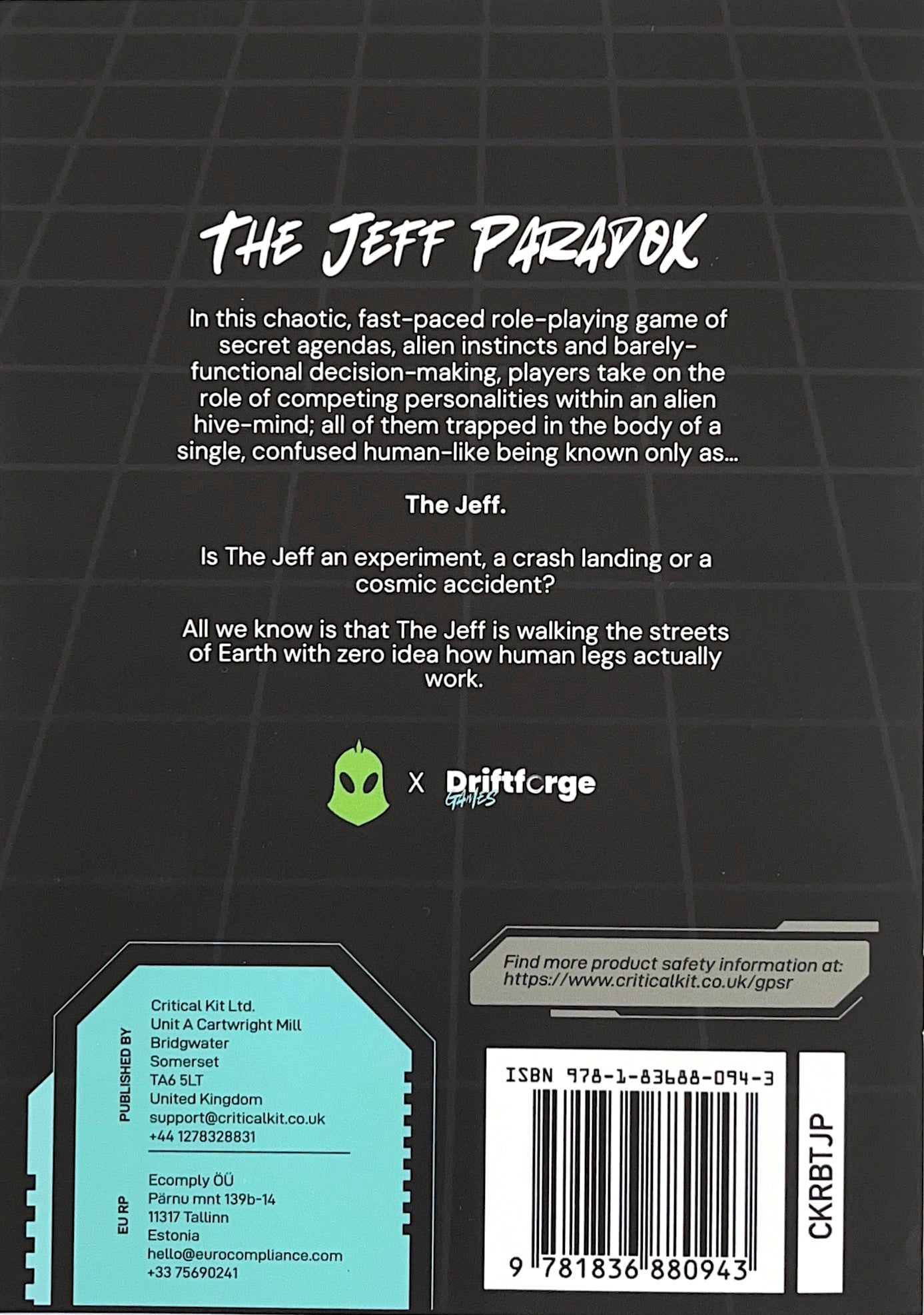 The Jeff Paradox a TTRPG by Driftorge games - backcover of the game