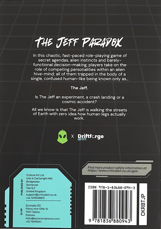 The Jeff Paradox a TTRPG by Driftorge games - backcover of the game