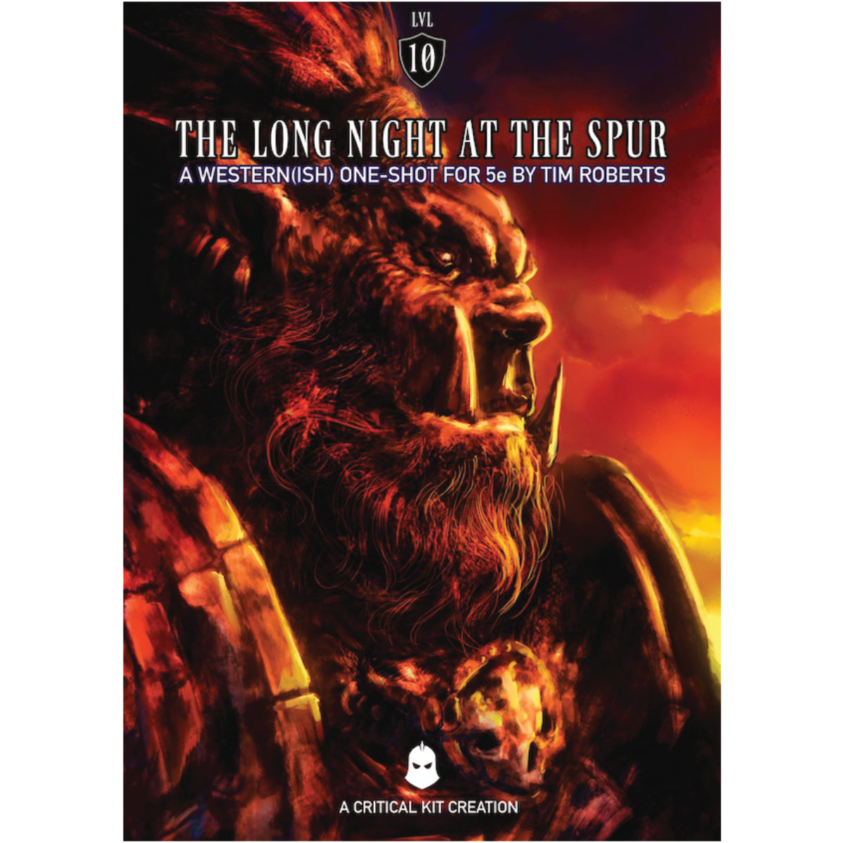 Book cover of 'The Long Night at the Spur' with an orc in a fiery setting.