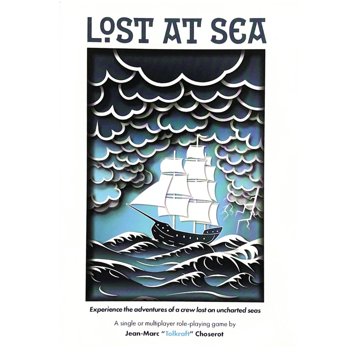 Book cover of 'Lost at Sea' with a ship in waves and title text.