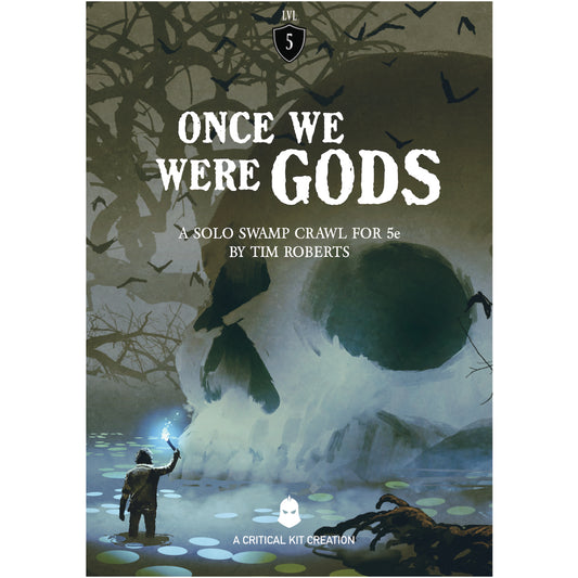 Book cover of 'Once We Were Gods' with a figure looking at a large creature in a swamp.