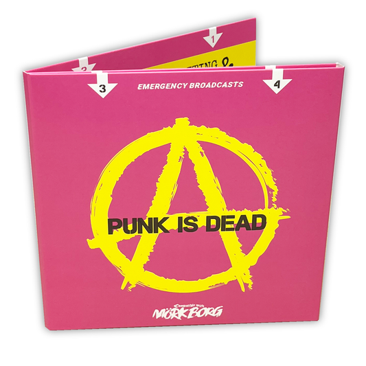 Pink book with yellow Anarchy symbol and text 'Punk is Dead' on a white background