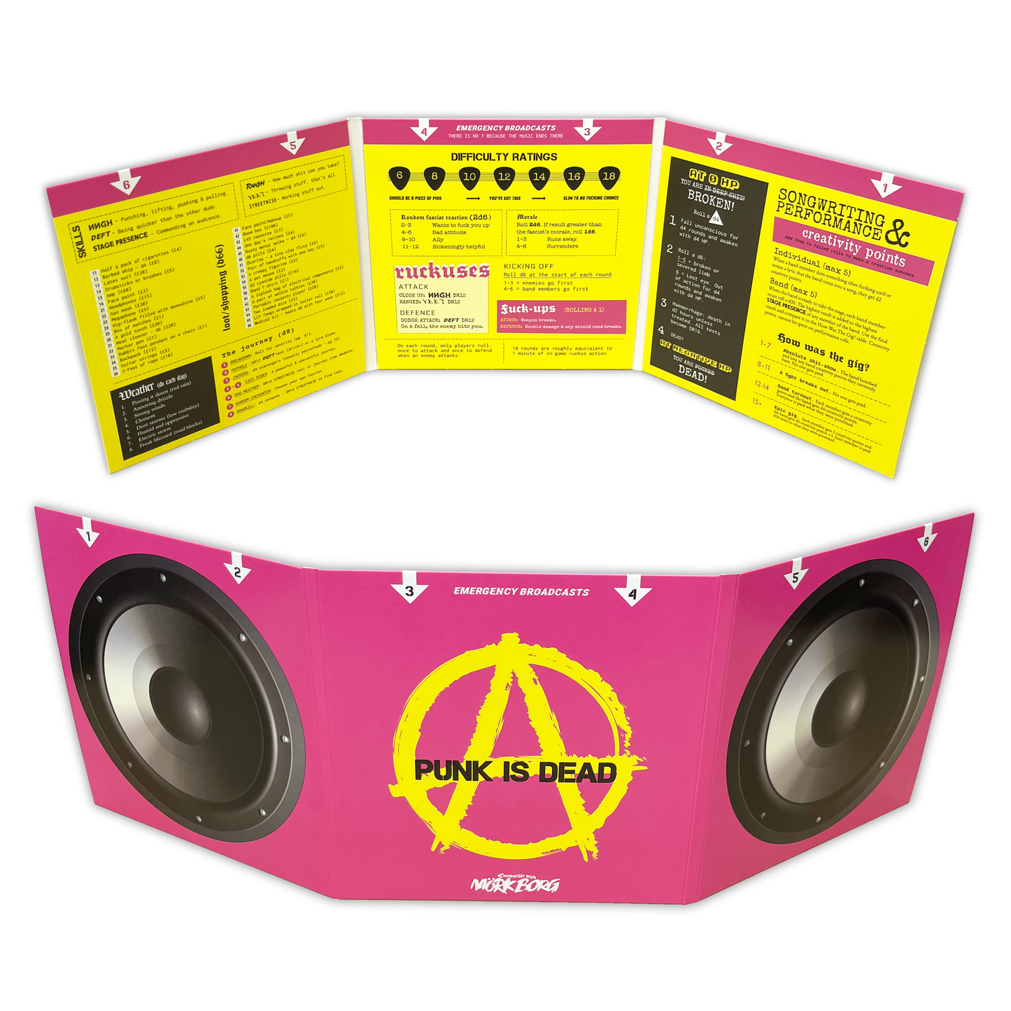 Pink speaker with 'Punk is Dead' design and open yellow and black booklets on a white background