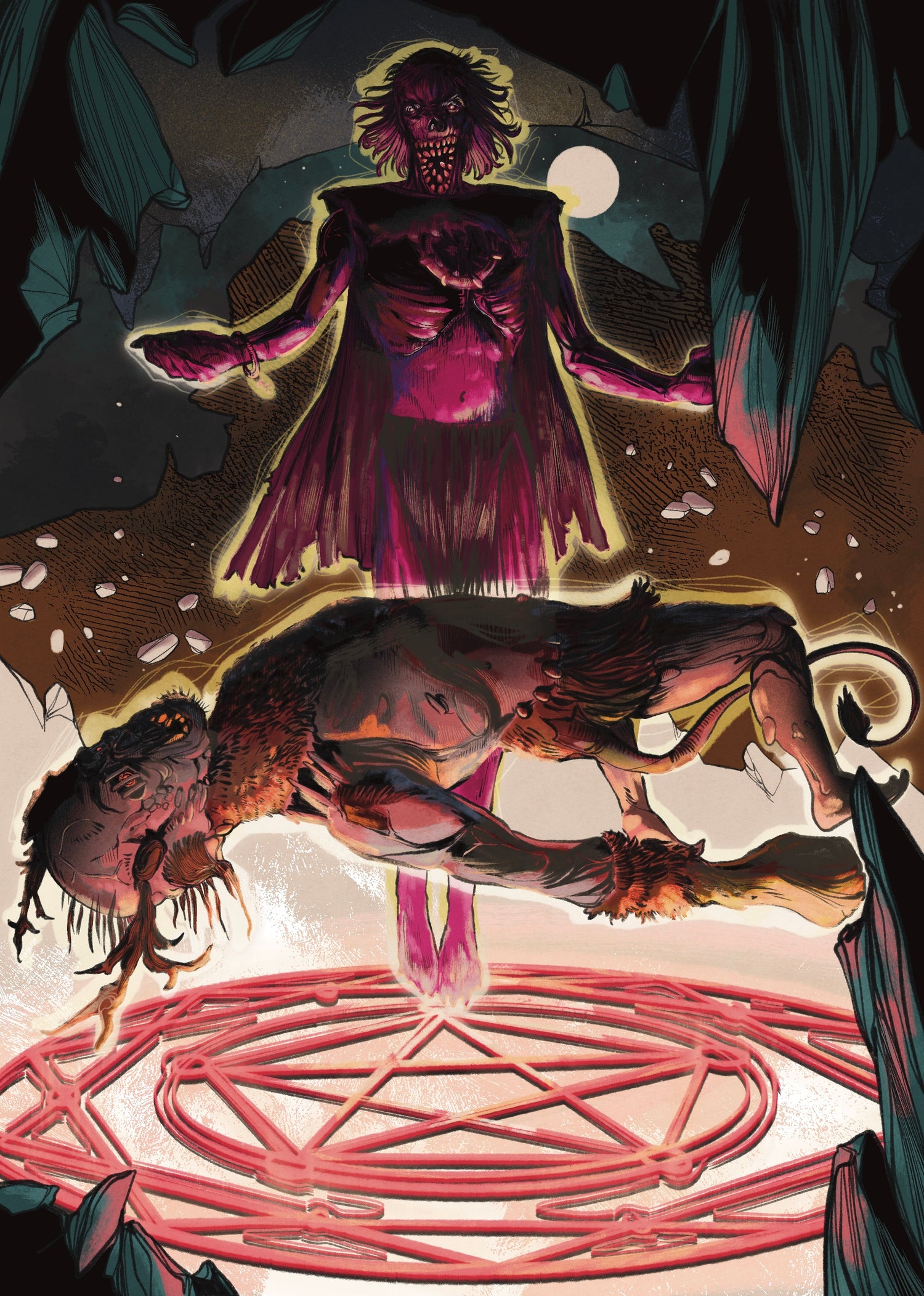 Artistic depiction of a figure with a lion and a pentagram symbol, set against a dark background.