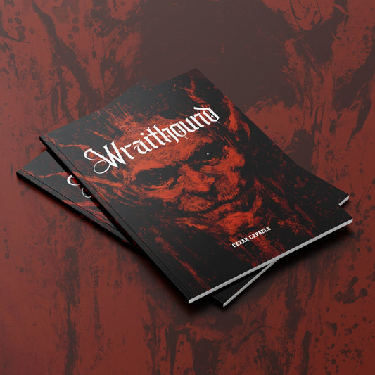 Wraithound solo up to three players TTRPG created by Brazilian games creator Cezar Capacle. Image of 2 copies of the book laid on a demon image.