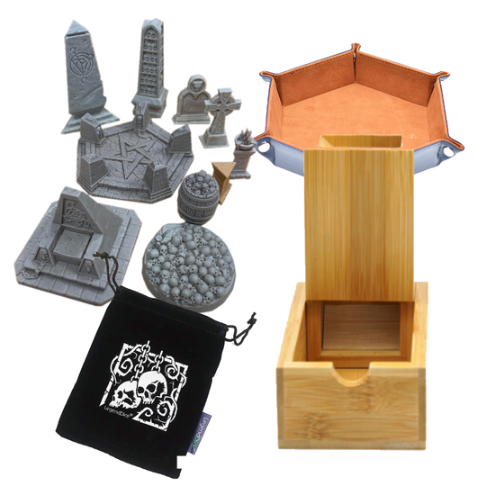 D&D accessories, dice towers, dice bags, resin terrain and figurines