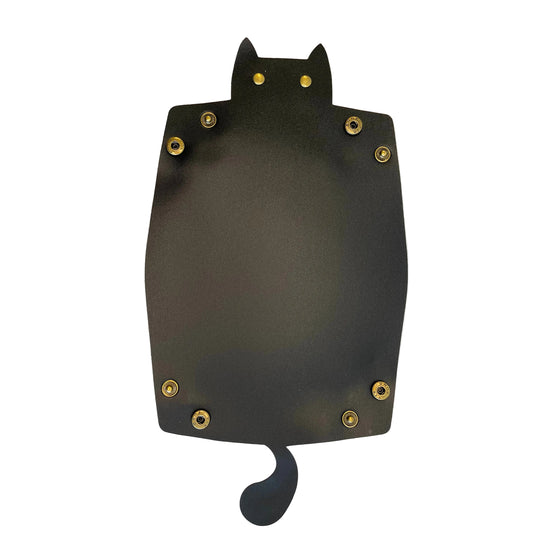 A black cat-shaped dice tray or decorative board with brass-colored rivets, shown against a plain white background.