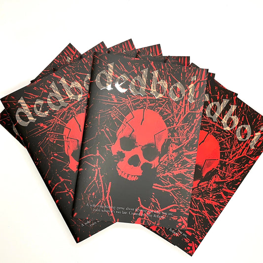 Four copies of the Dedboi solo investigation rpg a plain white background, showing the black cover with red skull and splatter graphics and the title in stylized white lettering.