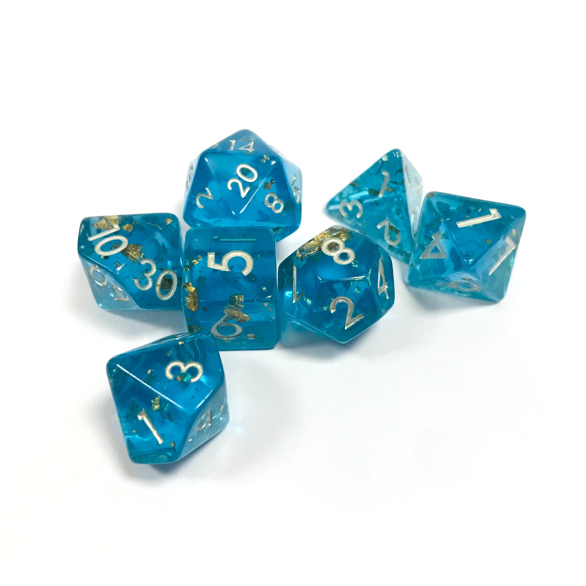 translucent blue dnd dice for TTRPG role playing games, dice goblins and dice dragons