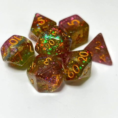 glitter rainbow dnd dice set for TTRPG role playing games, dice goblin and dice dragons