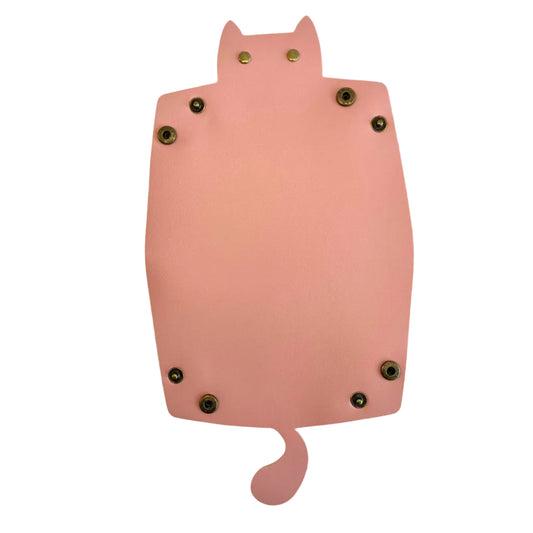 A pink cat-shaped dice tray brass grommets, shown against a plain white background.