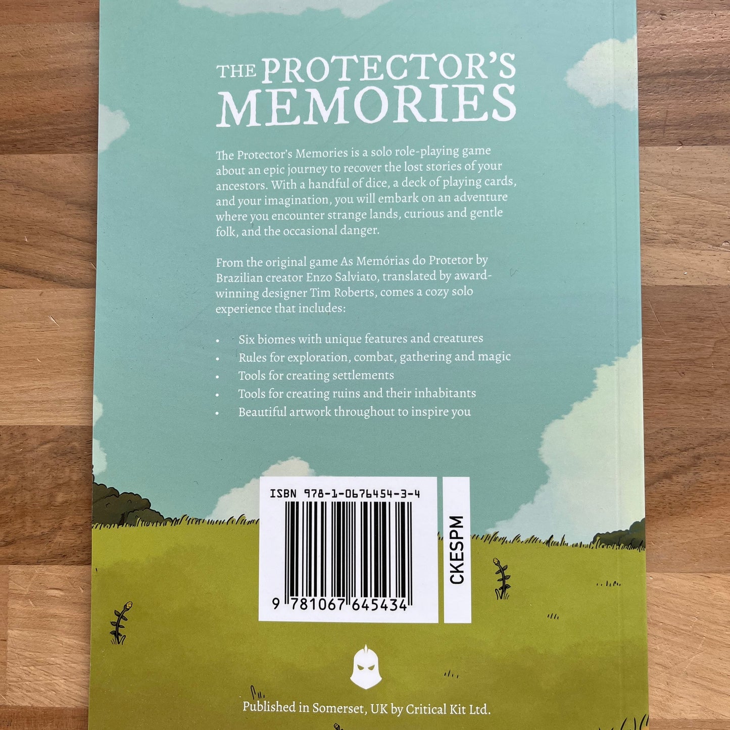 Back cover of a book titled 'The Protector's Memories' on a wooden surface