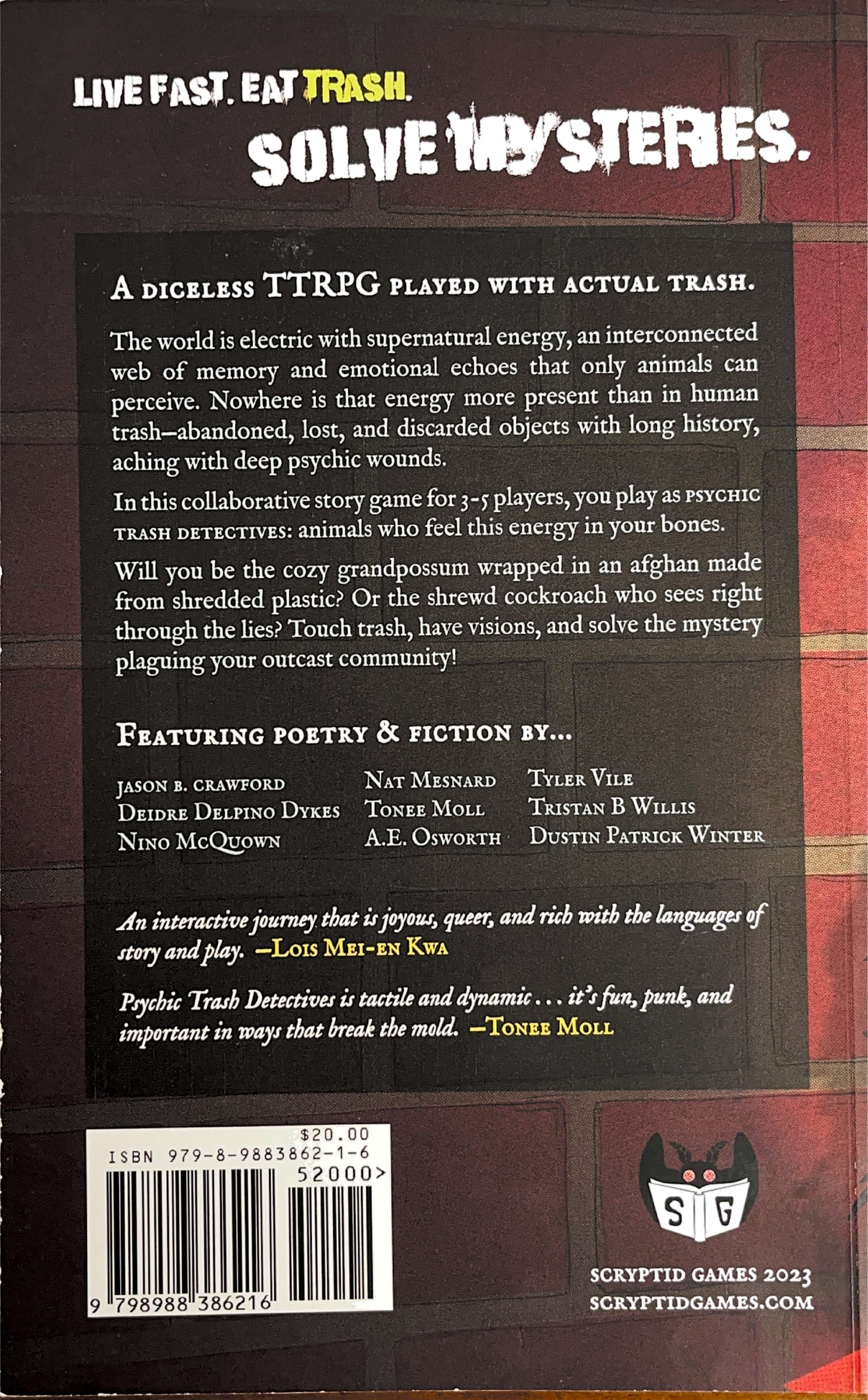 Psychic Trash Detectives, a Diceless, award winning indie TTRPG by Scryptid Games.