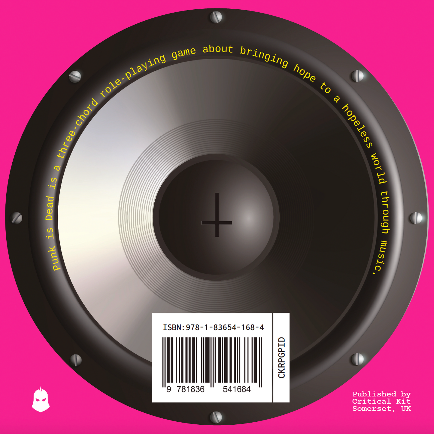 Back cover of the Punk Is Dead RPG with a speaker image including the Critical Kit logo and the message - Punk Is Dead is a three-chord role-playing game about bringing hope to a hopeless world through music.