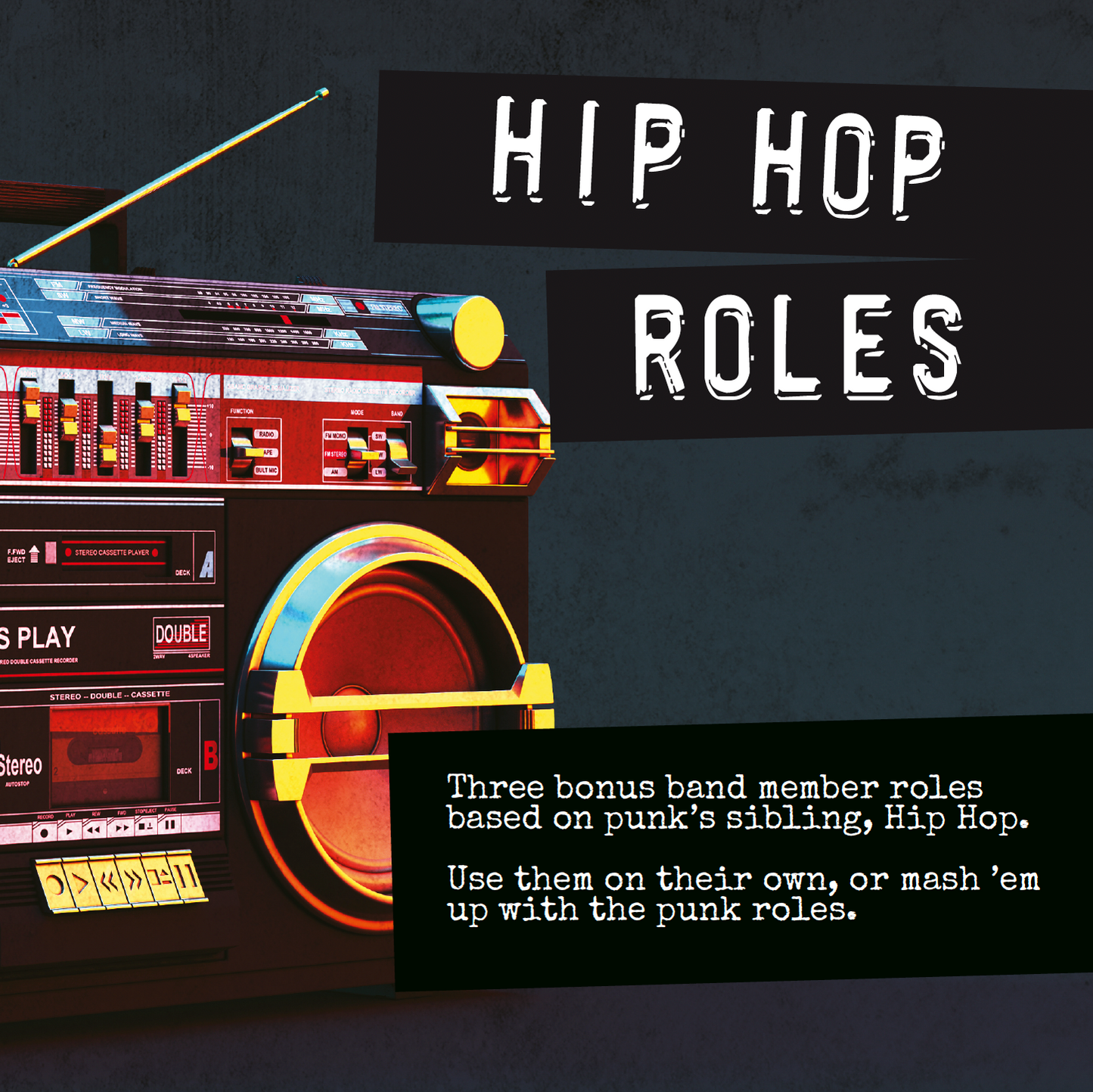 Vintage boombox with text about 'Hip Hop Roles' on a dark background for Punk Is Dead