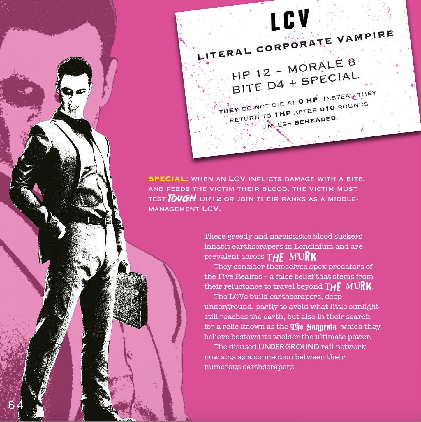 image of a literal corporate vampire in a business suit, carrying a brief case on a pink background, including a business card of their monster stats.