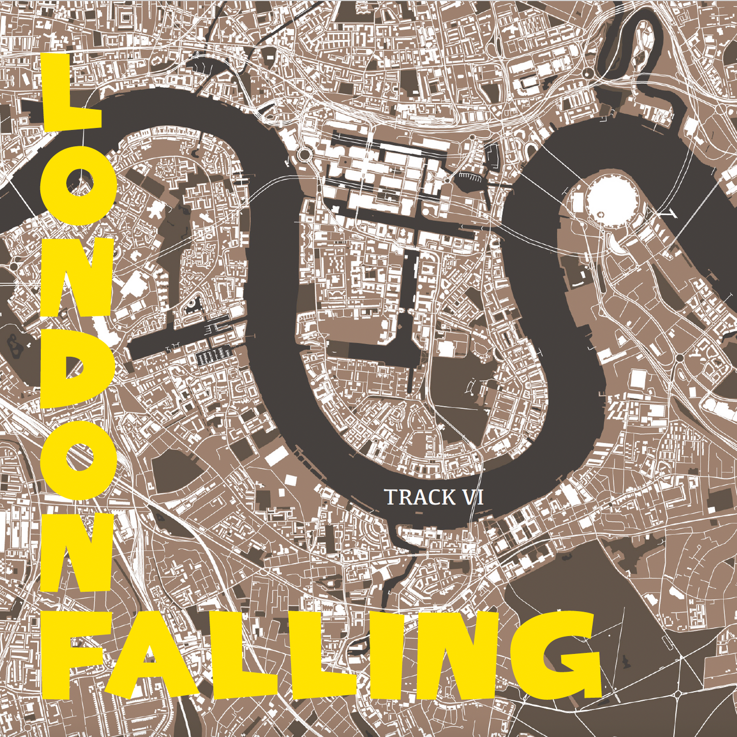 Satelite image of London thames with yellow lettering of London Falling, the scenario in the Punk Is Dead RPG.