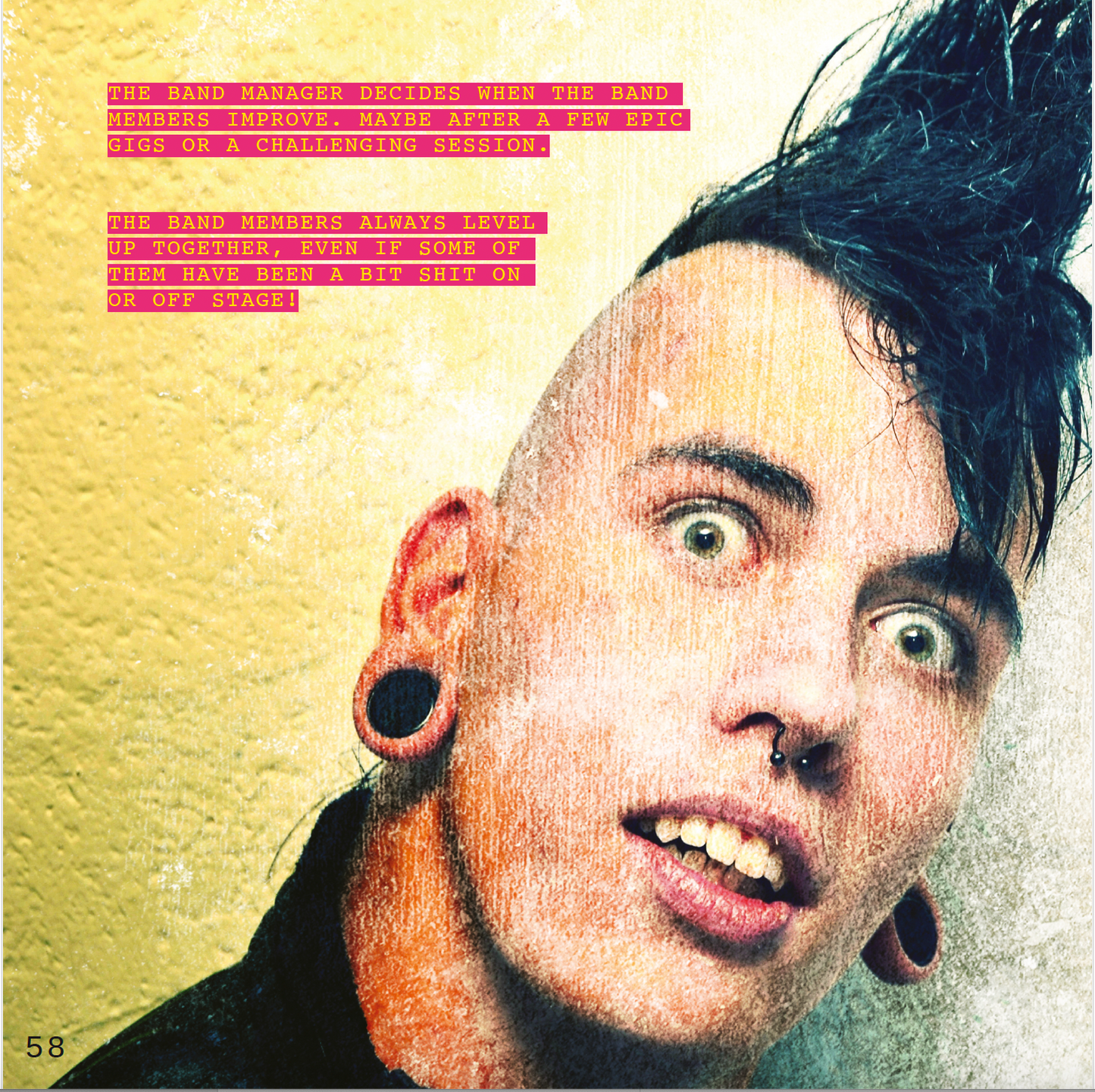 Person with tattoos and piercings on a textured yellow background with text overlay