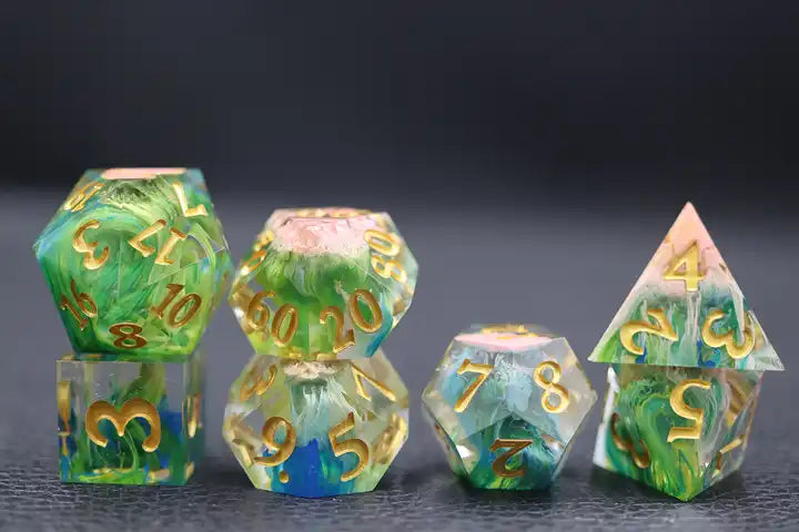 Sharp edged resin DND dice set for TTRPG role playing games and dice goblin, dragon collectors