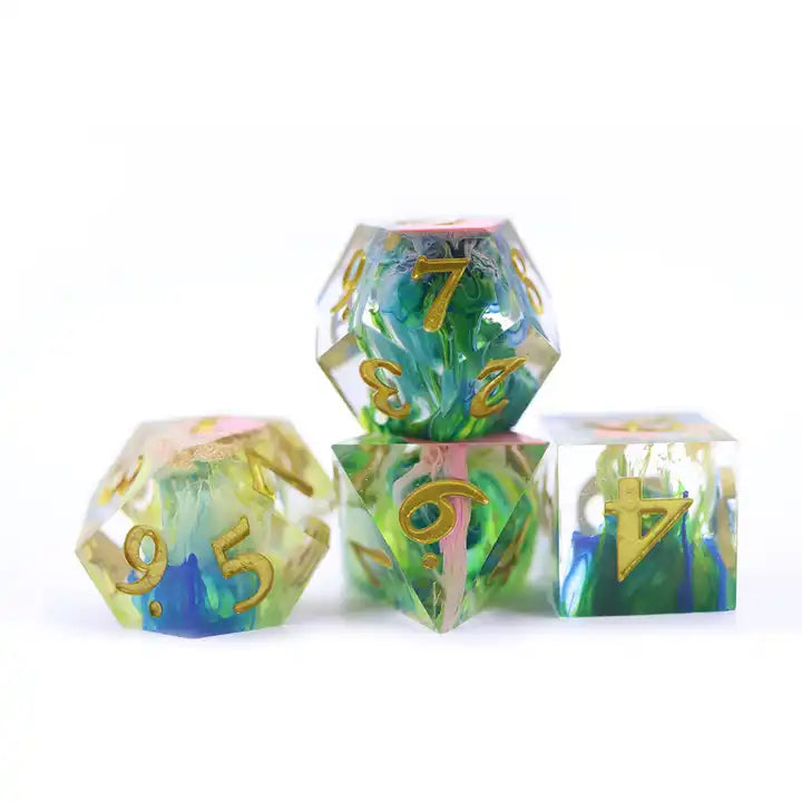 Sharp edged resin DND dice set for TTRPG role playing games and dice goblin, dragon collectors