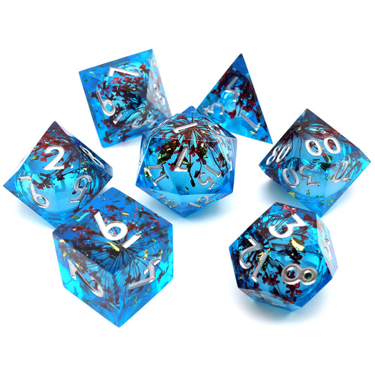 Sharp edged liquid core dnd dice set, TTRPG role playing games and dice goblin collectors