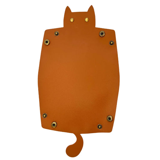 A brown leather cat-shaped dice tray with brass grommets, shown on a plain white background.
