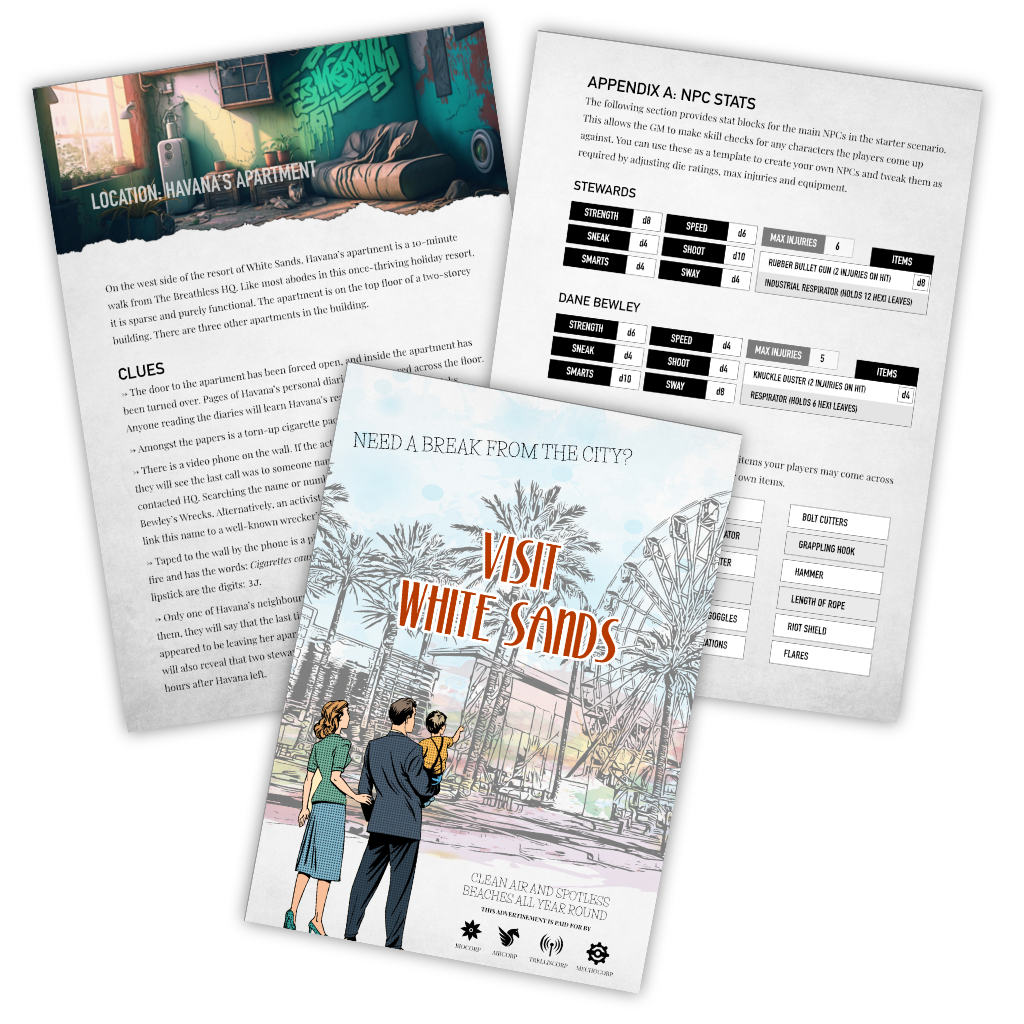 White Sands an indie multi-player RPG fighting for clean air. RPG based on breathless SRD by Fari