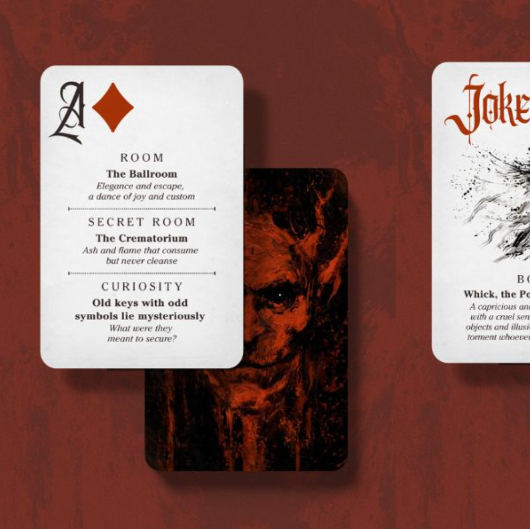 Wraithound solo up to three players TTRPG created by Brazilian games creator Cezar Capacle. Image of the playing cards used in the game.