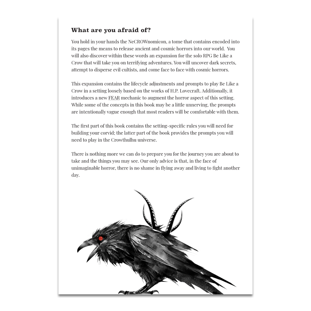 Crowthulhu a cosmic horror setting for Be Like A Crow, best solo rpg, creative writing tool, writing with prompts.
