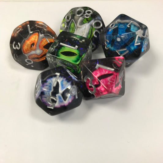 Dragon eye dnd dice set, dice goblin, shiny math rocks, dice shop online, rpg dice