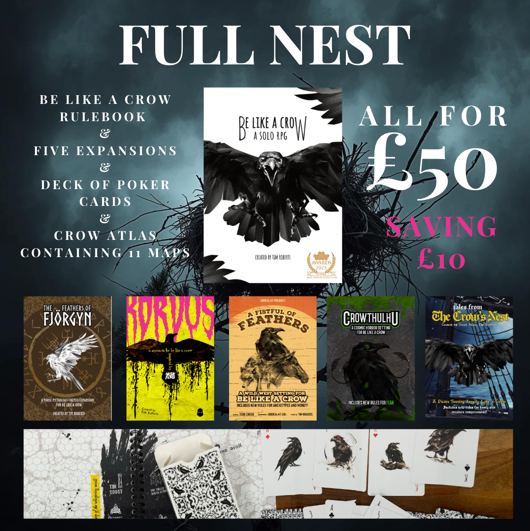 Promotional graphic for the Be Like A Crow full nest containing the rulebook, expansions, playing cards and crow atlas
