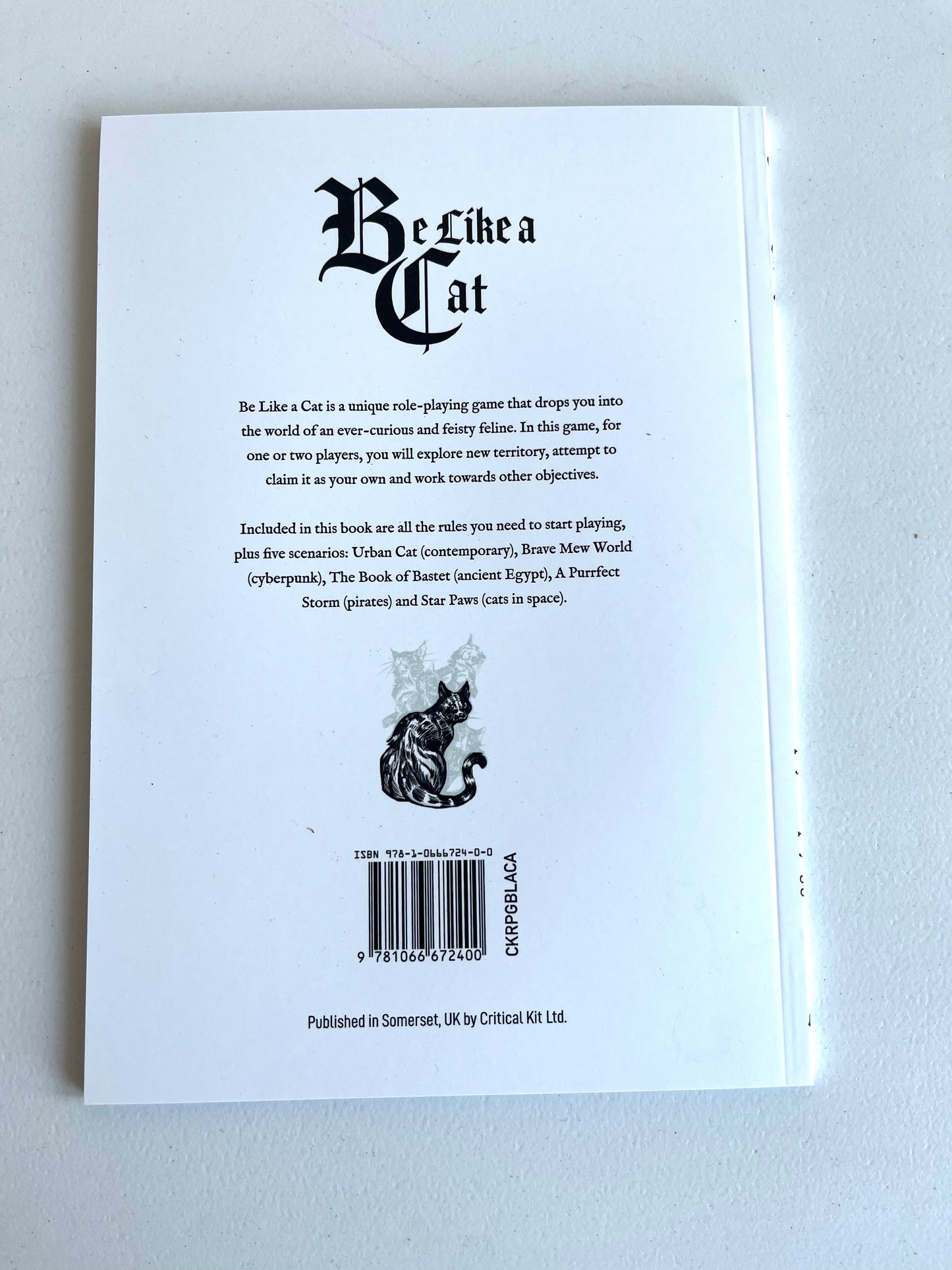 The back cover of the book 'Be Like a Cat' by Critical Kid, featuring black gothic-style typography, a black cat illustration, and a barcode on a white background.