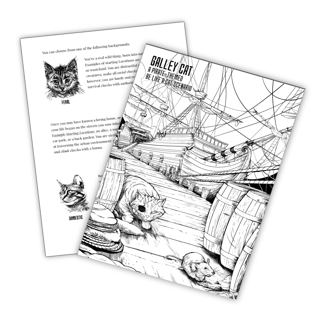Be Like A Cat a solo/two-player rpg where you can play in 5 different settings. creative writing with rules, writing with prompts, journaling rpg