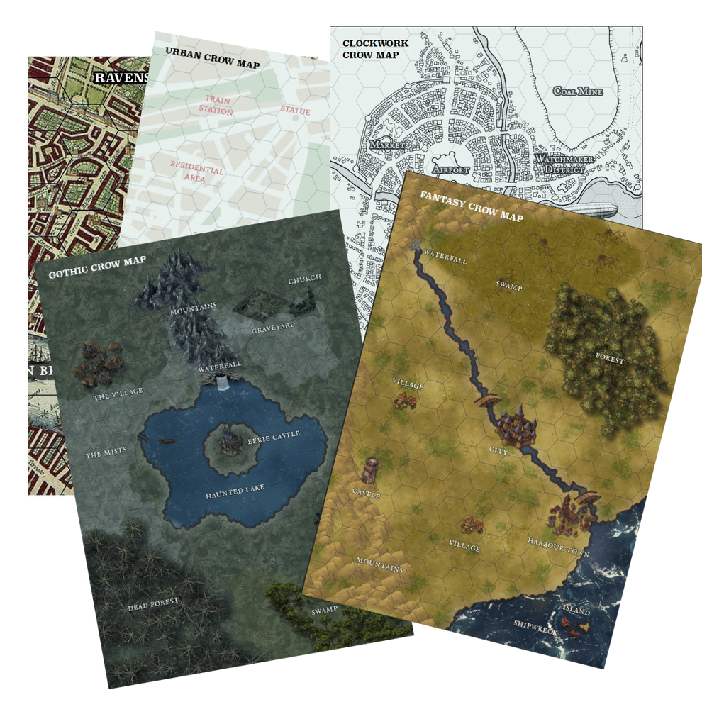 Be Like A Crow location maps, cyber crow, fantasy crow, clockwork crow, urban crow and ravens of the tower and character sheet.