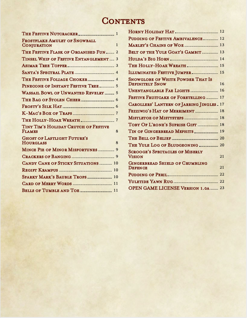 Contents page with list of items on a beige background