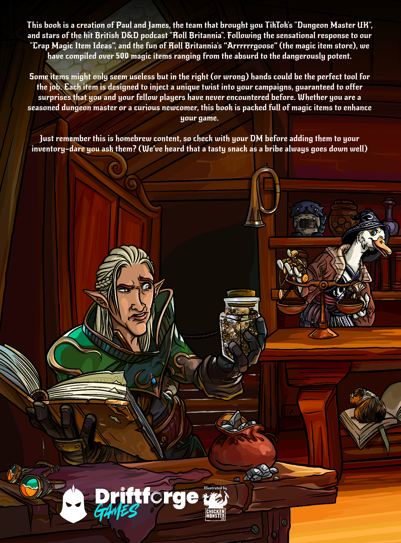 Character from a fantasy setting reading a book with Driftforge Games logo.
