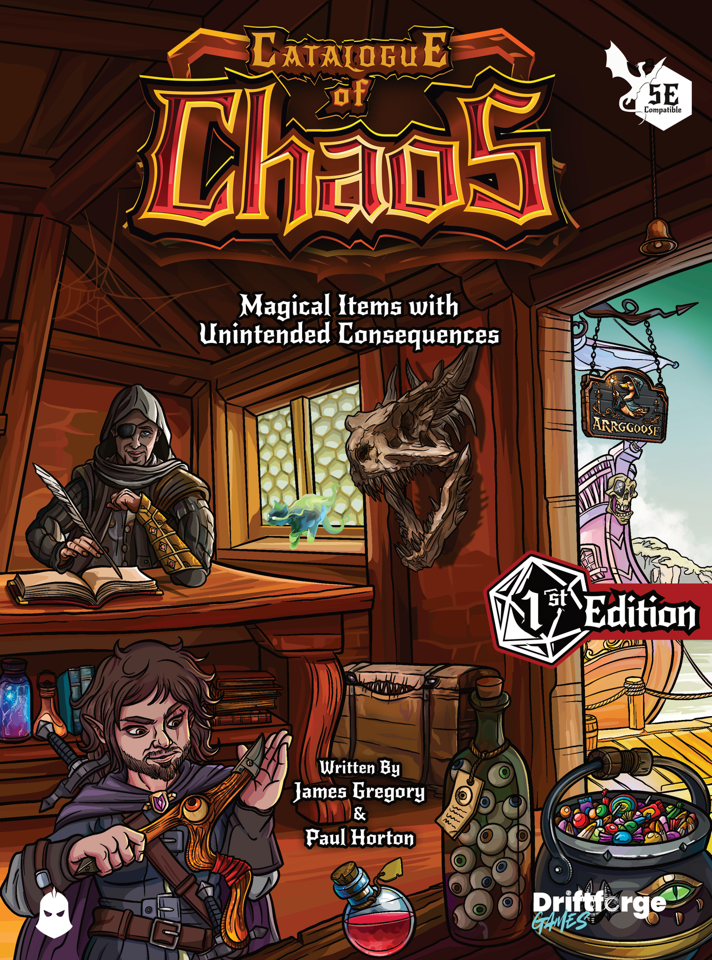 The cover of Catalogue of Chaos an illustration inside of a ancient wooden store providing fantasy items.
