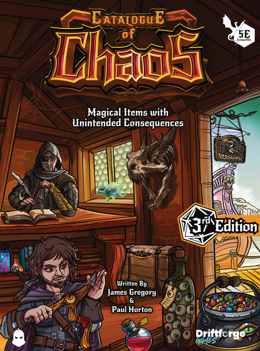 The cover of Catalogue of Chaos 3rd Edition showing an ancient magical store in a port, made 
of wood selling fantastical items