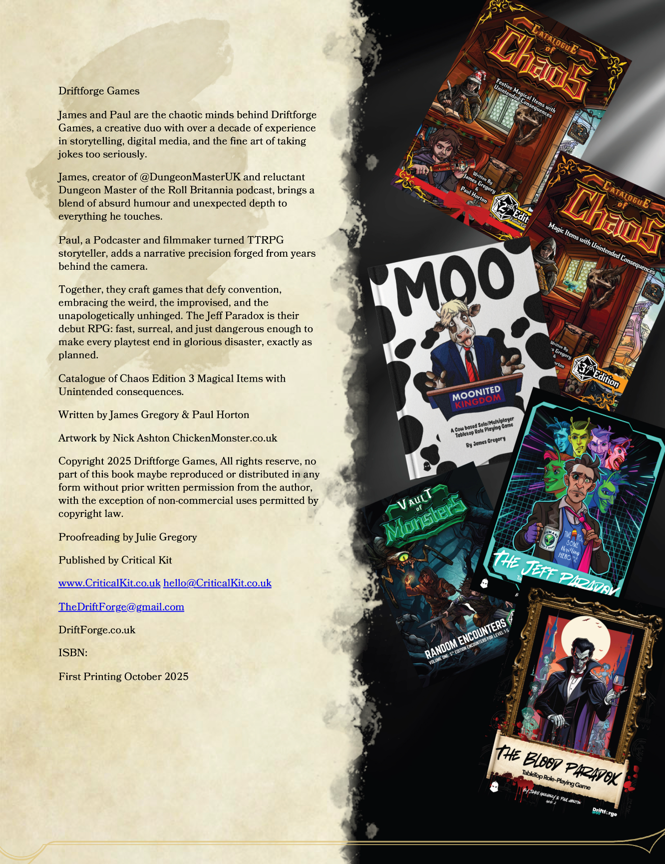 Collection of tabletop gaming books and cards with a promotional poster for 'Moo' on a dark background.