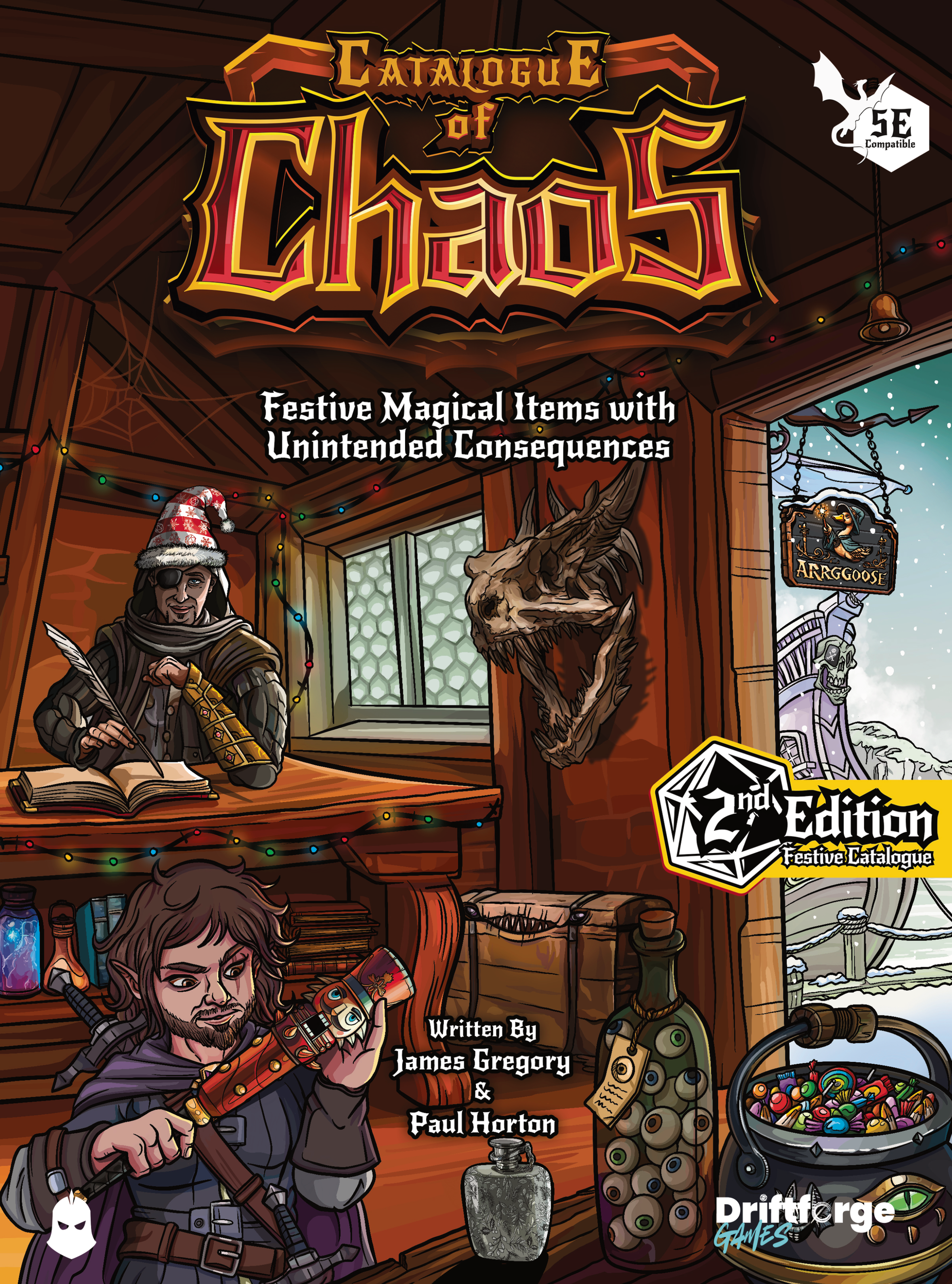 Catalogue of Chaos by Roll Britannia a magical shop with a store keeper in artillery with a christmas hat a store full of magical items and a sail boat on the dock outside.