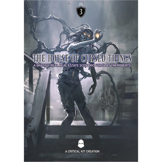 Book cover of 'The House of Cursed Things' with a ghostly figure holding a staff.